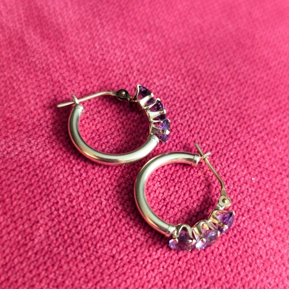 Elegant 10k Gold and Purple Hoop Earrings - Picture 3 of 5